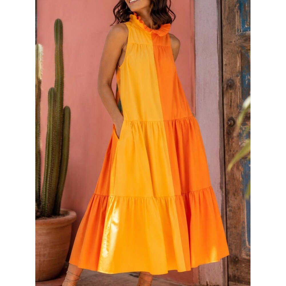 Christopher John Rogers Colorblock Ruffle Maxi Dress XS Dopamine Luxe Designer